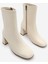 Kadın Küt Burun Fermuarlı Topuklu Bot Nonas Ekru 5