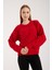 Kadın Kırmızı Şönil Kadife Saç Örgü Desenli Bisiklet Yaka Triko Kazak 2
