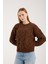 Kadın Acı Kahve Şönil Kadife Saç Örgü Desenli Bisiklet Yaka Triko Kazak 2