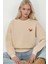 Kadın Rahat Hayvan Nakışlı Şardonlu Bisiklet Yaka Hoodie Krem Doğal 8