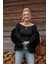 Merry See Kayık Yaka Örme Uzun Kollu Crop Top Bluz Siyah 4