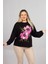 Bisiklet Yaka Siyah Çiçek Baskılı 2 Iplik Şardonlu Penye Sweatshirt 1