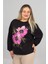 Bisiklet Yaka Siyah Çiçek Baskılı 2 Iplik Şardonlu Penye Sweatshirt 2