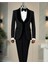Italyan Stil Slim Fit Kadife Şal Yaka Ceket Yelek Pantolon Damatlık Set Siyah T14890 5