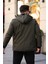 1037-SLIMFIT Kesim Erkek Kapşonlu Su Gecirmez Softjel Kumaş Mont-Haki 3