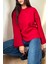 Kadın Yün Karışımlı Örgü Detaylı Yumuşak Oversize Kazak- Kırmızı 3