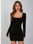 Siyah Kare Yaka Uzun Kollu Likralı Mini Elbise 1