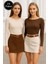 Kadın Kahve-Krem 2'li Paket Kayık Yaka Uzun Kollu Bluz 1