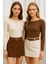 Kadın Kahve-Krem 2'li Paket Kayık Yaka Uzun Kollu Bluz 4