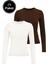 Kadın Beyaz-Kahverengi 2'li Paket Bisiklet Yaka Esnek Kumaşlı Vücuda Oturan Slim Fit Uzun Kollu Crop Body 1