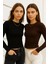 Kadın Siyah-Kahverengi 2'li Paket Bisiklet Yaka Esnek Kumaşlı Vücuda Oturan Slim Fit Uzun Kollu Crop Body 3
