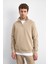 Bej Regular Fit Dik Yaka Yarım Fermuarlı Sweatshirt 1