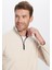 Unisex Standart Fit Rahat Kesim Tüylenme Yapmayan Soğuk Geçirmez Bej Dik Yaka Polar Sweatshirt 1