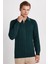 Erkek Slim Fit Dar Kesim Çizgi Detaylı Yeşil Polo Yaka Kazak 1