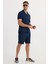 Erkek Slim Fit Dar Kesim Apaş Yaka Beli Bağcıklı İndigo Gömlek Şort Takım 1