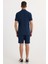 Erkek Slim Fit Dar Kesim Apaş Yaka Beli Bağcıklı İndigo Gömlek Şort Takım 7