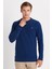 Erkek Slim Fit Dar Kesim Pamuklu Selanik Kumaş Bisiklet Yaka İndigo Sweatshirt 1