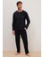 Erkek Standart Fit %100 Pamuk Bisiklet Yaka Beli Lastikli Siyah Pijama Takımı 1