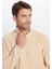 Erkek Slim Fit Dar Kesim Fermuarlı Krem Dik Yaka Triko Kazak 1