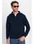 Unisex Relax Fit Rahat Kesim Fitilli Desenli Pamuklu Yarım Fermuarlı İndigo Dik Yaka Sweatshirt 1