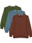 Unisex 3'lü Paket Yeşil-Gri-Kahverengi Relax Fit Pamuklu İçi Polarlı Bisiklet Yaka Sweatshirt 1