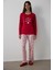 Kırmızı Joyous Time Yılbaşı Temalı Bisiklet Yaka Pamuklu Uzun Kollu Pijama Takımı 1