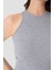 Kadın Pamuklu Fitilli Görünümlü Halter Yaka Basic Gri Atlet 4