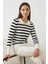 Kadın Polo Yaka Çizgili Kazak Ekru 1