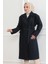Kadın Kaşe Kaban - Uzun Boy Kruvaze Yaka Kuşaklı Tesettür Kaşe Kışlık Kaban, Astarlı Şık Yünlü Dokuma Oversize Rahat Kalıp Cepli Düğmeli Modern Kap Modeli - Lacivert 4