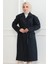 Kadın Kaşe Kaban - Uzun Boy Kruvaze Yaka Kuşaklı Tesettür Kaşe Kışlık Kaban, Astarlı Şık Yünlü Dokuma Oversize Rahat Kalıp Cepli Düğmeli Modern Kap Modeli - Lacivert 5