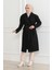 Kadın Kaşe Kaban - Uzun Boy Kruvaze Yaka, Kuşaklı Tesettür Kışlık Kaban, Astarlı Şık Yünlü Dokuma Oversize Rahat Kalıp, Cepli Modern Kaşe Mont Modeli - Siyah 3