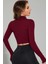 Kadın Bordo Uzun Kol Fermuarlı Parmak Geçme Detaylı Dik Yaka Crop Top Bluz 2