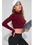 Kadın Bordo Uzun Kol Fermuarlı Parmak Geçme Detaylı Dik Yaka Crop Top Bluz 3