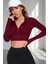 Kadın Bordo Uzun Kol Fermuarlı Parmak Geçme Detaylı Dik Yaka Crop Top Bluz 4