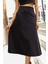 Kadın Yüksek Bel Cepli Şık Kumaş Midi Boy Diz Altı Kiloş Çan Etek-Siyah 3