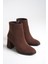 Kahverengi Süet Kadın Bot Kaymaz Taban Fermuarlı Kalın Topuk Diana 5