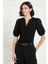 Kadın Siyah V Yaka Kısa Kollu Pamuklu Ribanalı Dokuma Balon Kol Yazlık Şık Günlük Bluz - Kadın Bluz 1
