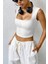Kadın Beyaz Kare Yaka Kalınlaşan Omuz Detaylı Crop Top Bluz 5