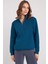 Kadın Relax Fit Rahat Kesim Pamuklu Içi Polarlı Yarım Fermuarlı Indigo Dik Yaka Sweatshirt 4