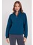 Kadın Relax Fit Rahat Kesim Pamuklu Içi Polarlı Yarım Fermuarlı Indigo Dik Yaka Sweatshirt 5