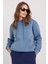 Kadın Oversize Geniş Kesim Pamuklu Yumuşak Dokulu Içi Polarlı Basic Indigo Kapüşonlu Sweatshirt 1