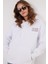 Kadın Oversize Geniş Kesim Pamuklu Yumuşak Dokulu Içi Polarlı Baskılı Beyaz Kapüşonlu Sweatshirt 2
