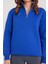 Kadın Relax Fit Rahat Kesim Pamuklu Içi Polarlı Yarım Fermuarlı Sax Mavi Dik Yaka Sweatshirt 3
