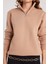 Kadın Relax Fit Rahat Kesim Pamuklu Içi Polarlı Yarım Fermuarlı Taş Renk Dik Yaka Sweatshirt 3