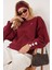 Kadın Regular Fit Klasik Kesim %100 Pamuk Baskılı Bisiklet Yaka Bordo Sweatshirt 1