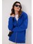 Kadın Relax Fit Rahat Kesim Pamuklu Içi Polarlı Çift Cepli Fermuarlı Sax Mavi Kapüşonlu Sweatshirt 5