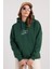 Kadın Oversize Geniş Kesim Pamuklu Yumuşak Dokulu Içi Polarlı Baskılı Yeşil Kapüşonlu Sweatshirt 1