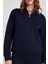 Kadın Relax Fit Rahat Kesim Pamuklu Içi Polarlı Yarım Fermuarlı Lacivert Dik Yaka Sweatshirt 3