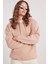 Kadın Oversize Geniş Kesim Pamuklu Yumuşak Dokulu Içi Polarlı Basic Vizon Kapüşonlu Sweatshirt 5