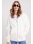 Kadın Relax Fit Rahat Kesim Pamuklu Içi Polarlı Çift Cepli Fermuarlı Beyaz Kapüşonlu Sweatshirt 4